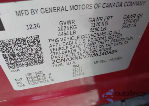 2021 Chevrolet Equinox Fwd Premier z USA, uszkodzony, nr VIN 2GNAXNEV7M6140889